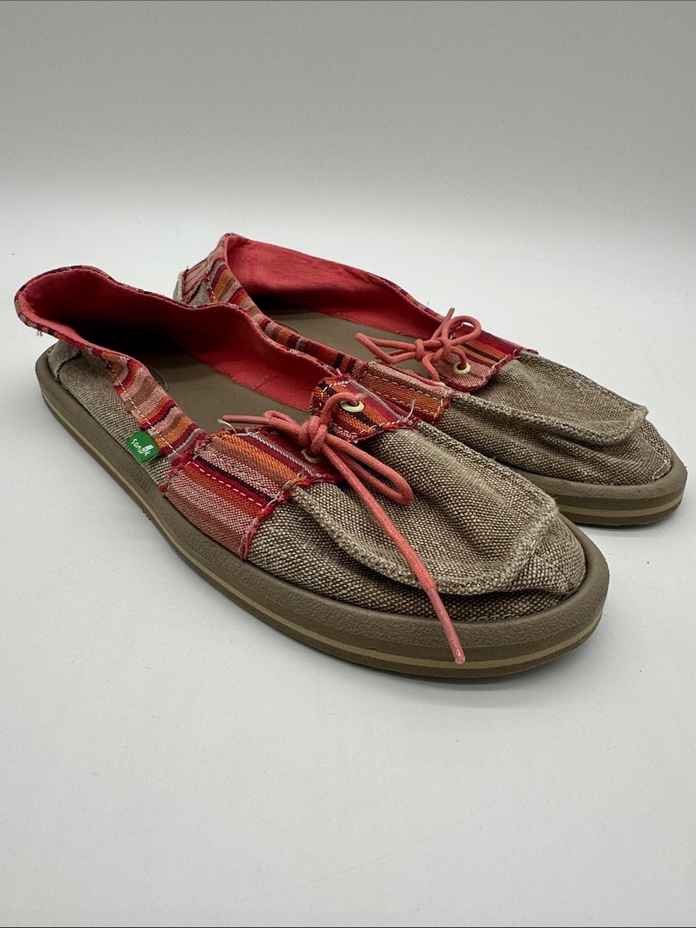 Sanuk Women's Casual Slip-On Flats in Tan and Coral